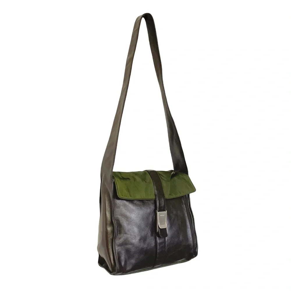 ❤️SOLD❤️Prada rare 90s brown nappa leather green Tessuto nylon shoulder bag - Picture 2 of 15